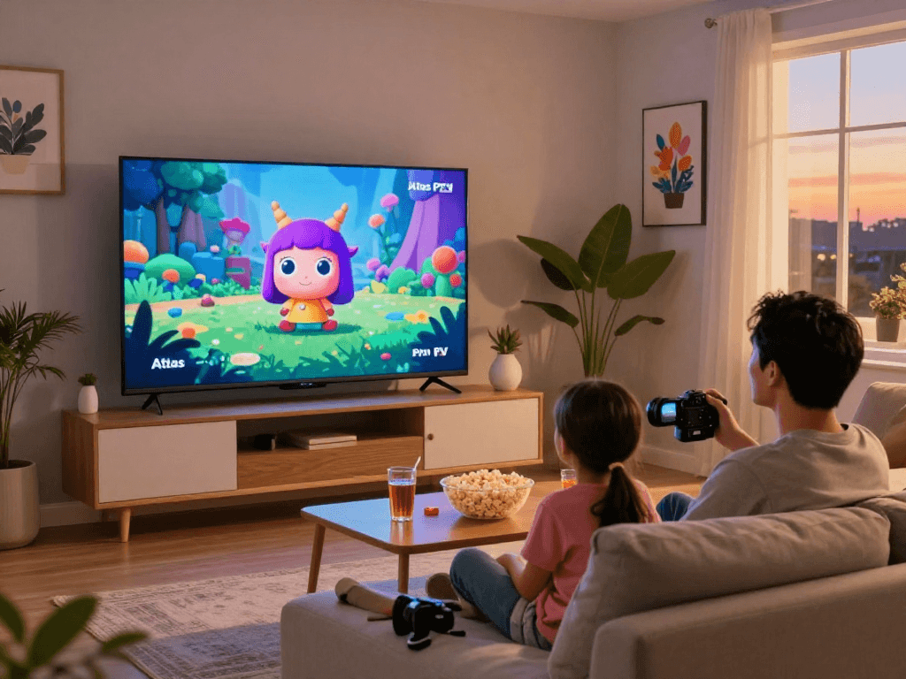 Famille profitant d'Atlas Pro IPTV en qualité HD/4K dans un salon chaleureux.