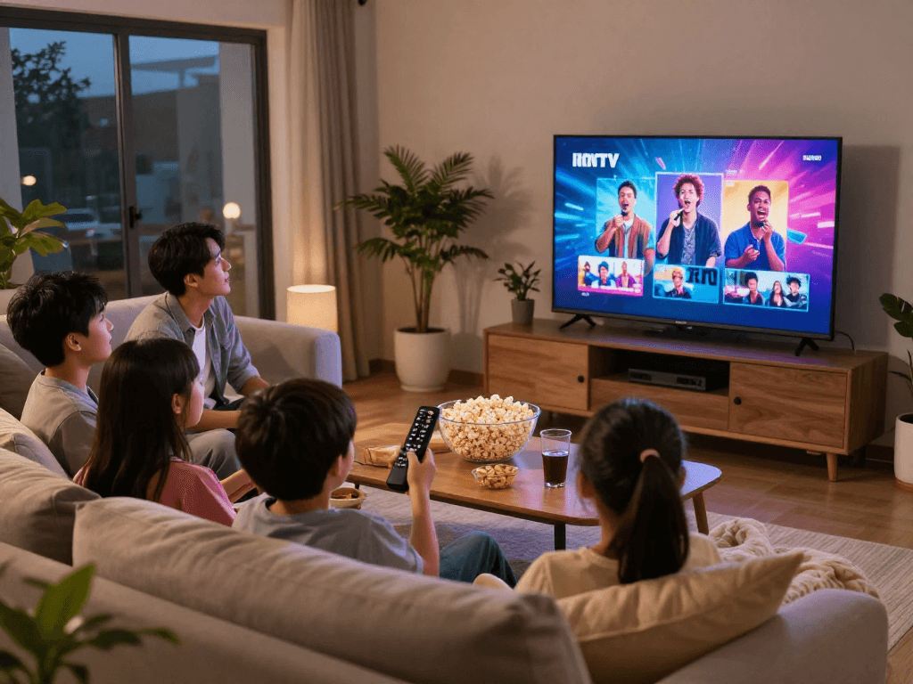 Famille profitant de Iron tv dans leur salon chaleureux.