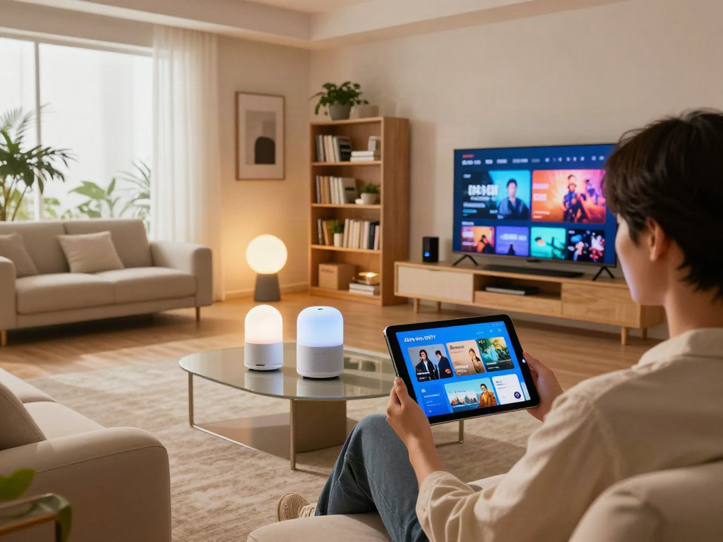 Interaction avec le dispositif Atlas pro ontv dans un salon moderne, ambiance chaleureuse et technologique.