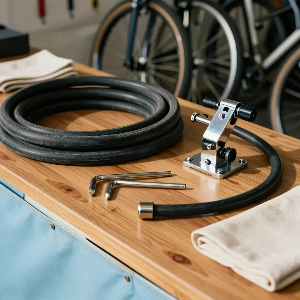 Atelier vélo sous tente avec pompe, chambres à air, clés hexagonales et dévoileur.