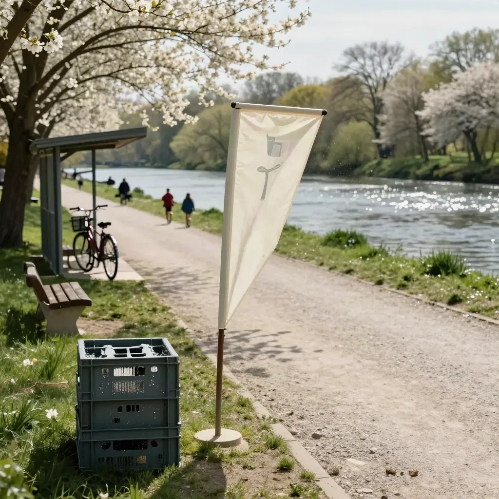 Boucle familiale dans un parc au bord de l’eau, fanions rouges et halte ombragée au printemps