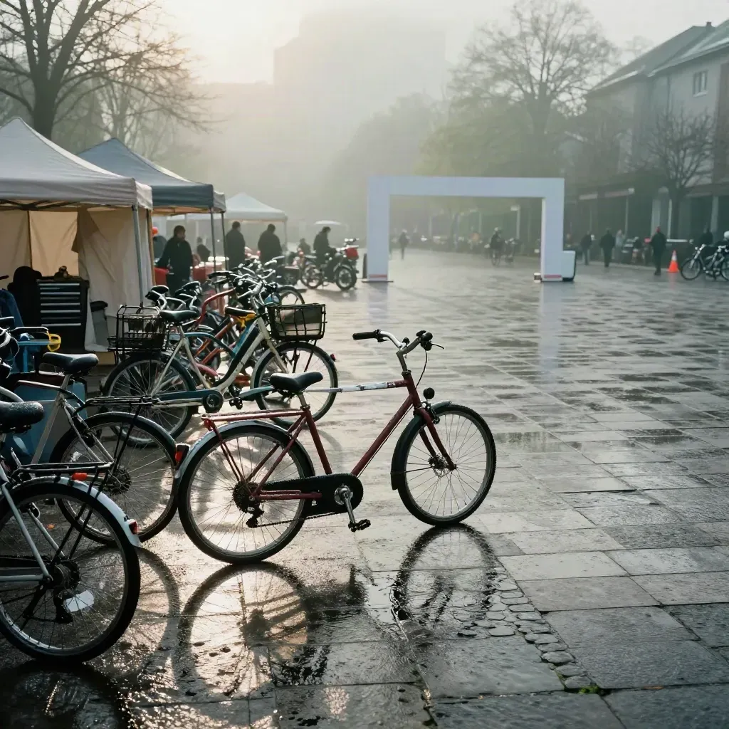Place du festival vélo au matin, vélos, arches et tentes dans la brume après la pluie.