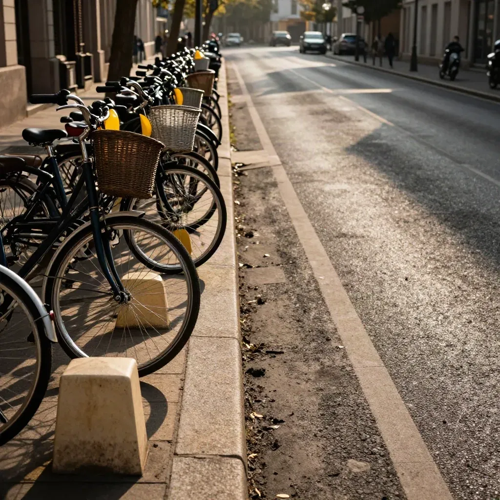 Boulevard fermé avec vélos alignés et voie de parade peinte, lumière dorée du soir.