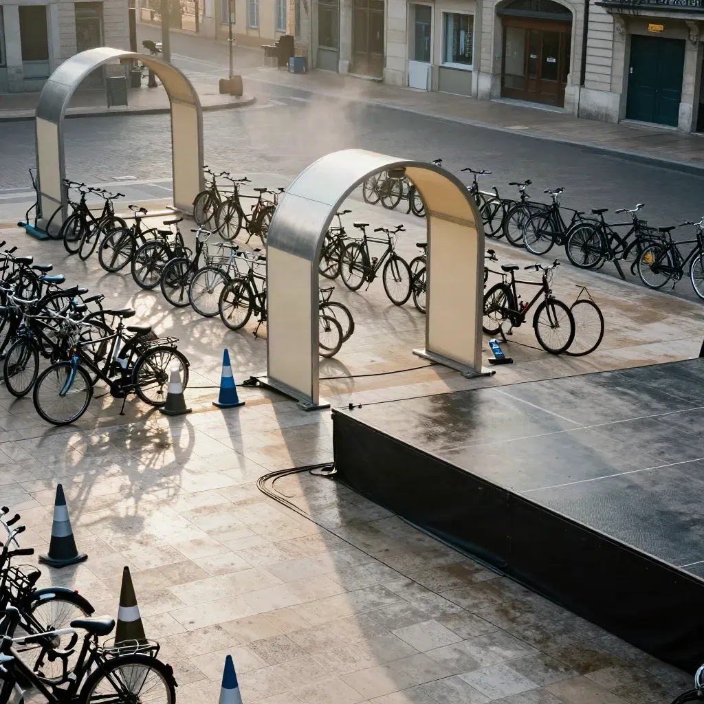 Installation d’un programme de festival vélo sur une place humide, arches, arceaux et cônes.