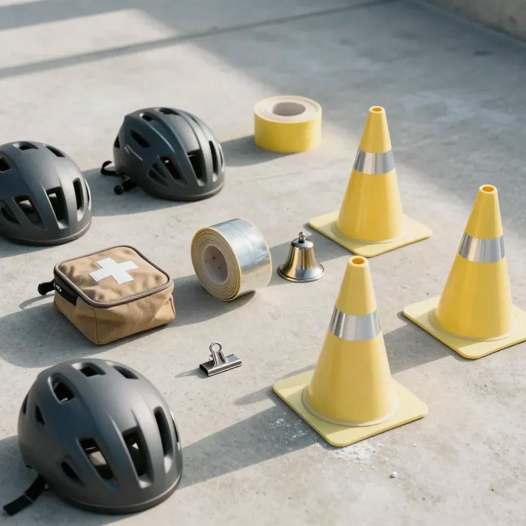 Vue plongeante d’un kit sécurité vélo avec casques, ruban réfléchissant, trousse et cônes jaunes.