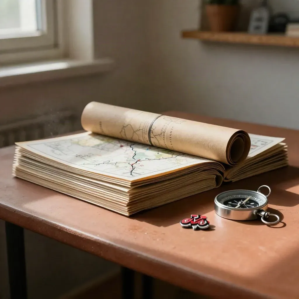 Cartes de route, tube de carte, boussole et épingles sur une table en lumière chaude.