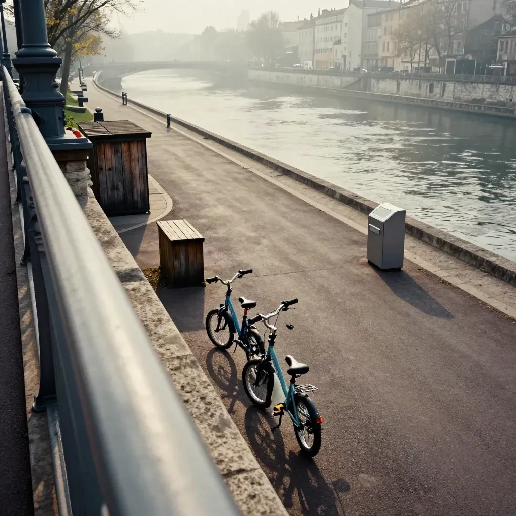 Vue large d’une berge lyonnaise avec vélos d’enfants, barrières et caisses de repos au bord du Rhône.