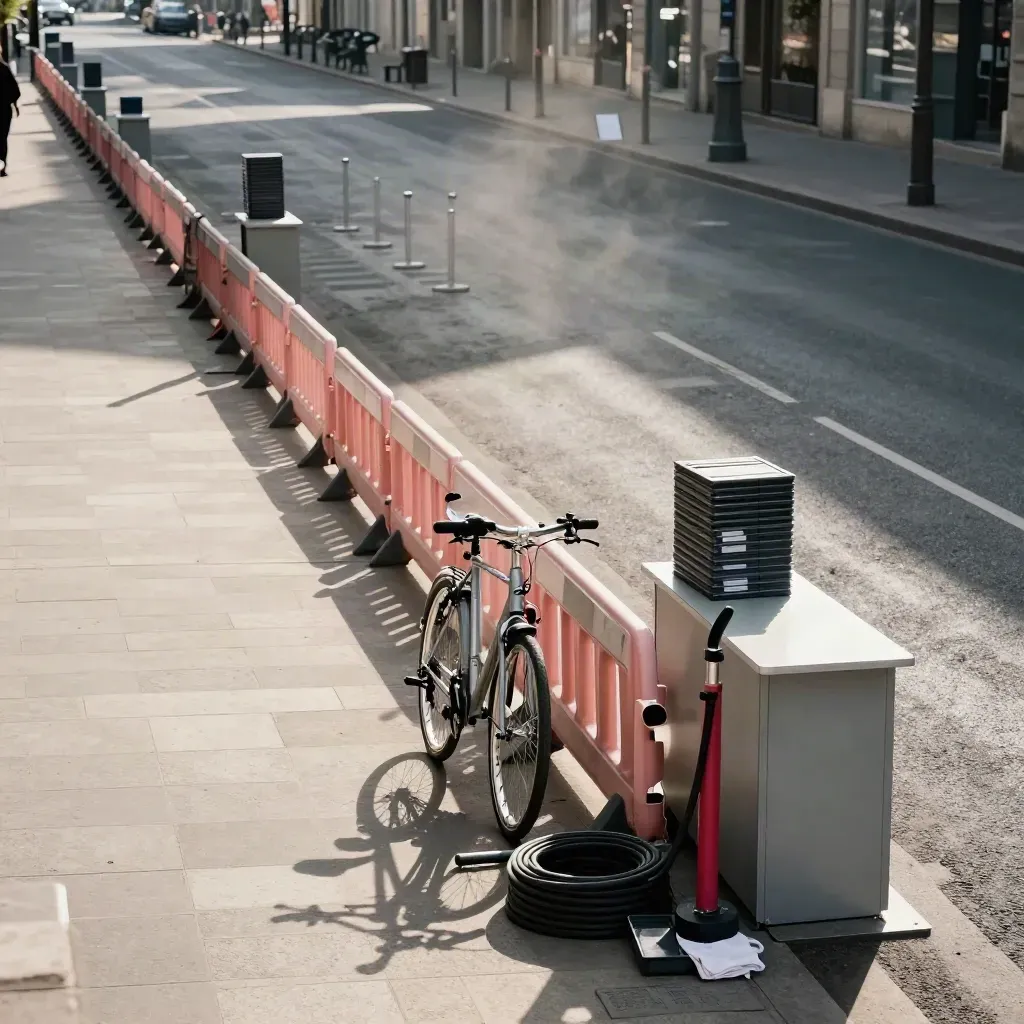 Boulevard nantais vide avec barrières, atelier vélo et couloir d’inscription prêt.
