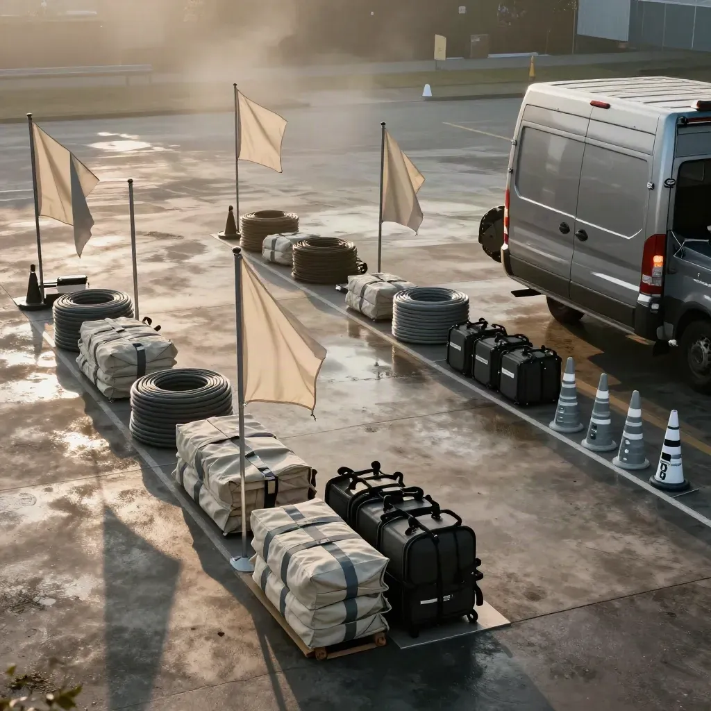 Zone logistique d’un week-end vélo avec van, fanions de route et kits sécurité.