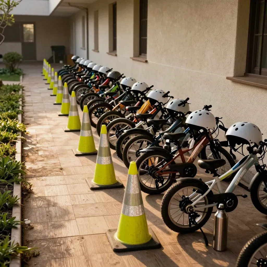 Cour d’école prête au départ, casques d’enfants, cônes et vélos au soleil.