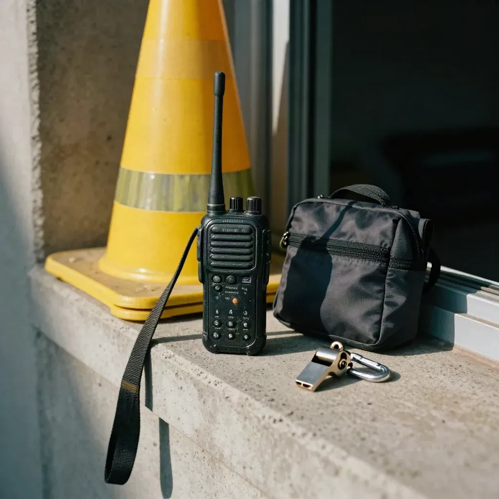 Kit de coordination terrain avec radio, cône pliant jaune, pochette et sifflet.
