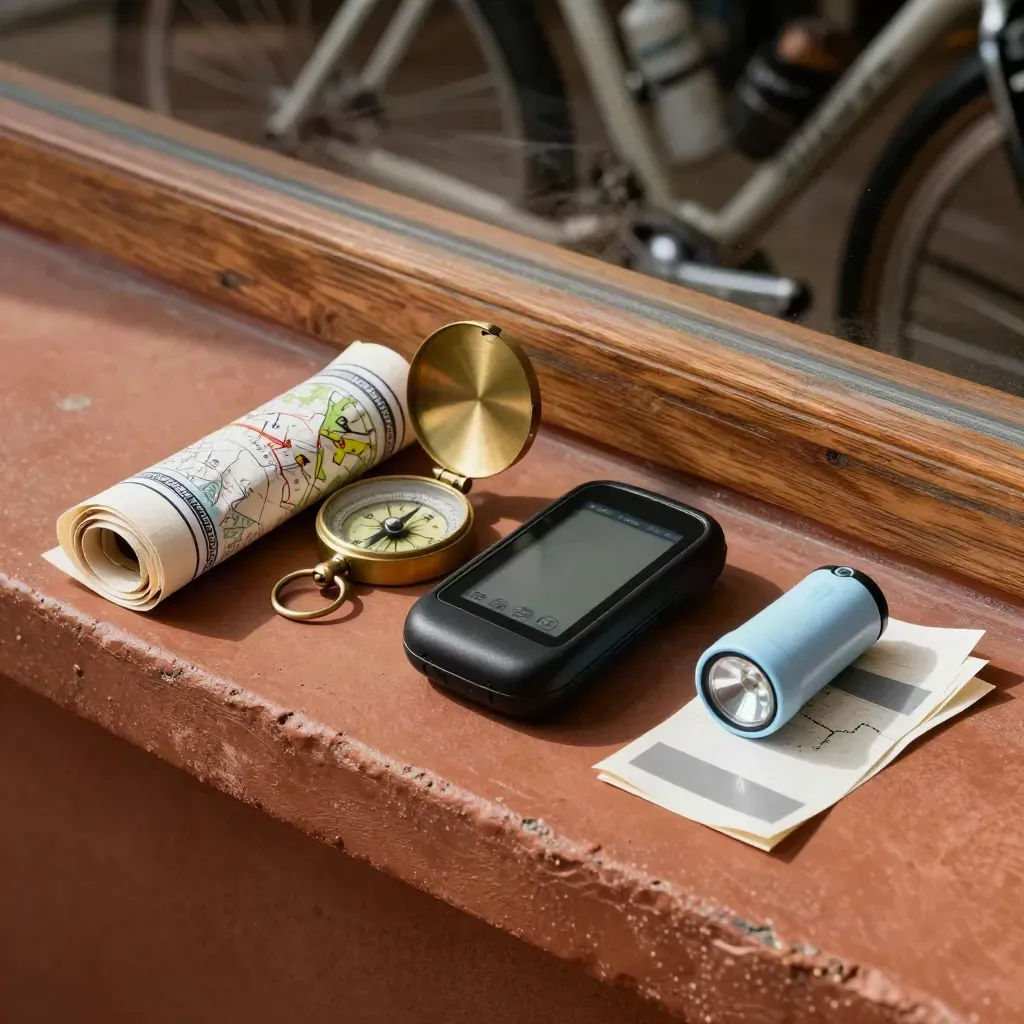 Kit d’itinéraires vélo avec carte roulée, GPS éteint, lampe et repères sur ledge en terre cuite.