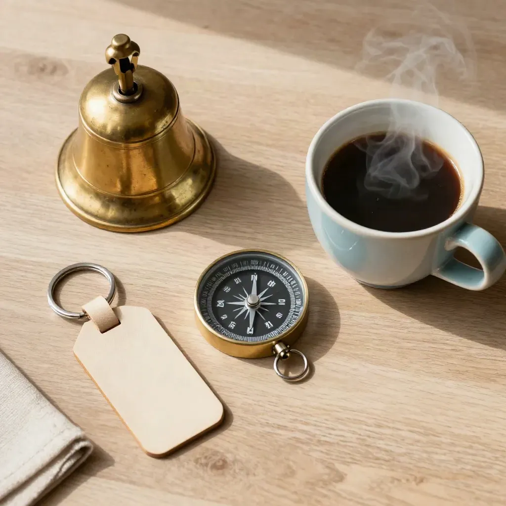 Flatlay de consultation vélo avec sonnette, boussole, porte-clés et tasse sur bois clair.