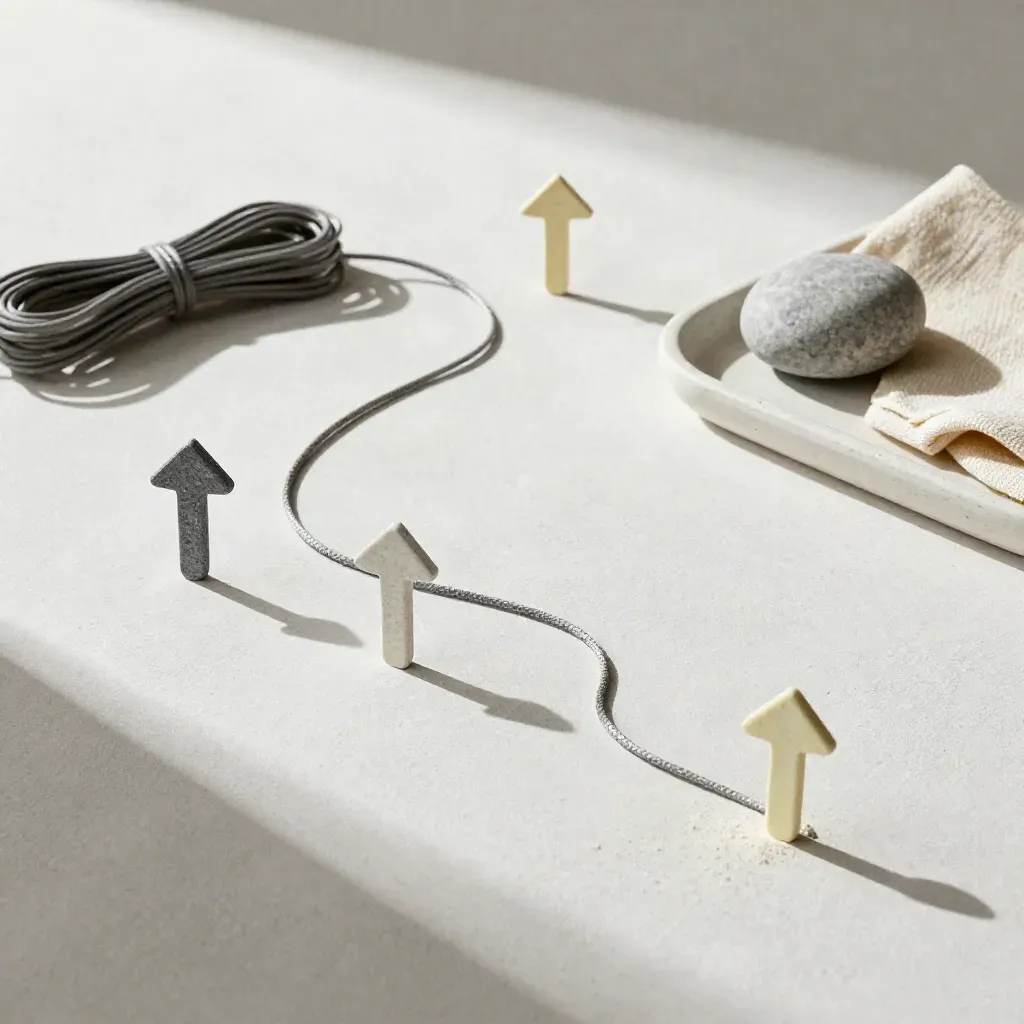 Repères d’itinéraire, corde et poids en pierre sur plateau de plâtre, lumière douce.