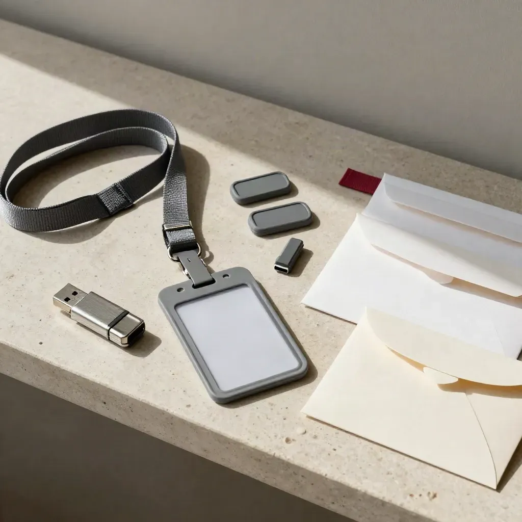 Kit de badges et enveloppes d’un événement vélo sur pierre, vue du dessus, lumière douce et accents rouge vélo.