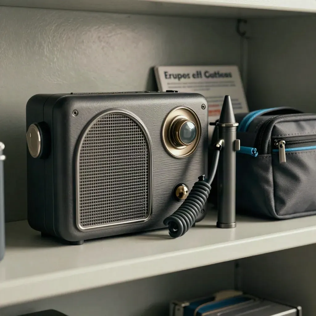 Kit jour J vélo avec radio, pompe, chambre à air, plot et trousse sur étagère en bois clair.