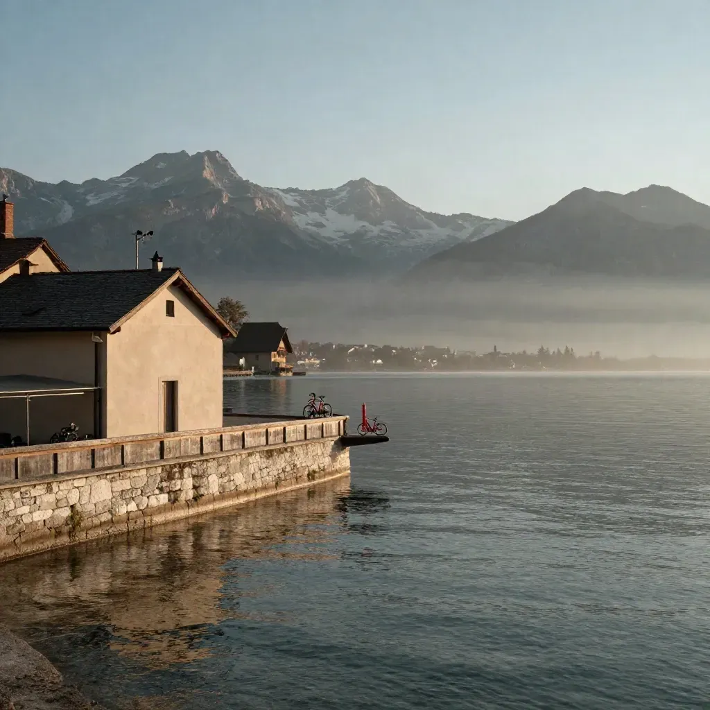 Lac d’Annecy au crépuscule, villages bas et Alpes au loin, eau calme et brume douce.