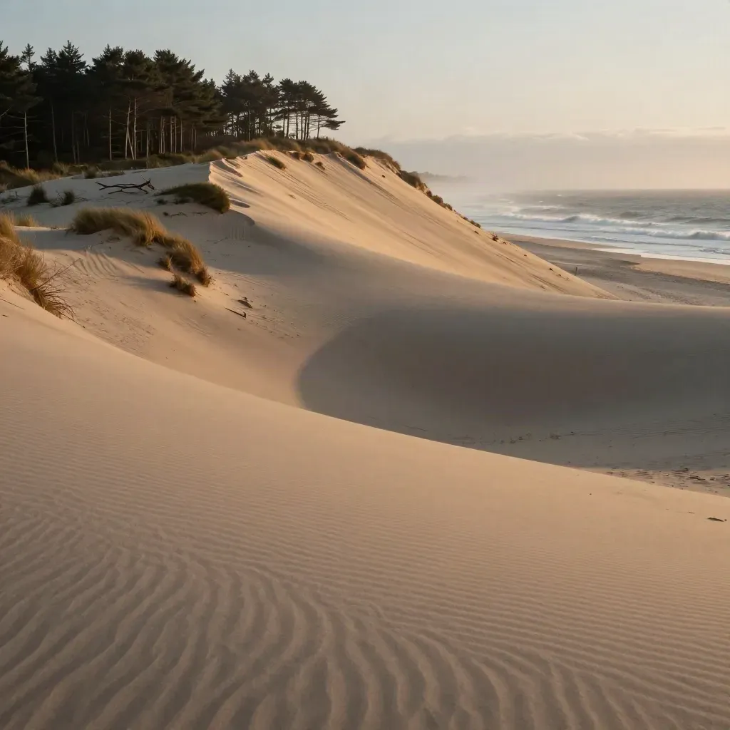 Dune du Pilat au golden hour, surf Atlantique et pins maritimes dans une brume dorée.