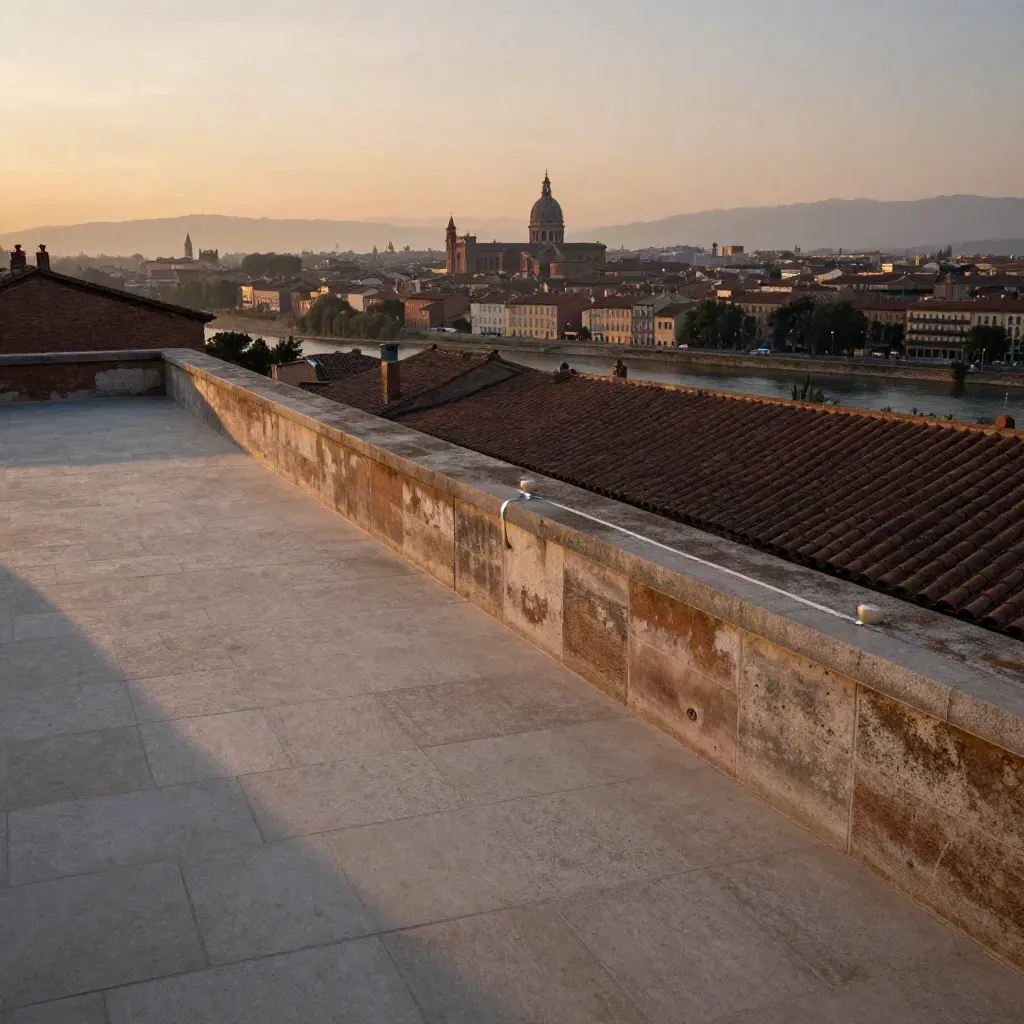 Toulouse au coucher du soleil, toits de terre cuite, Garonne calme et terrasse en pierre claire.