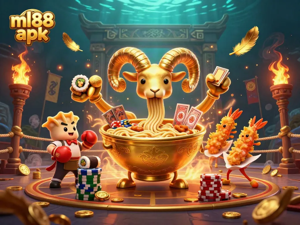 Engage in thrilling play with the ml88 apk as a golden ramen bowl dealer showcases vibrant casino elements.