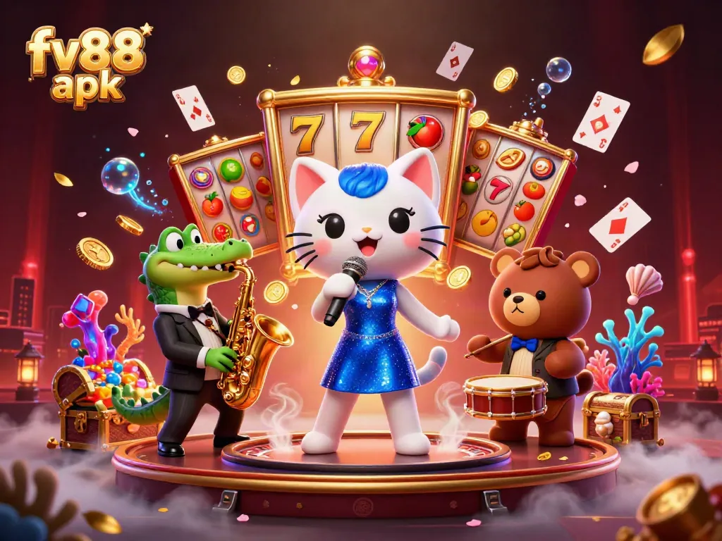 Join the fun with the fv88 apk in this vibrant 3D casino scene featuring lively characters and exciting game elements.