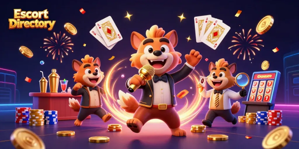 Experience the lively scene of the Escort Directory casino with energetic hyenas and festive gambling action.