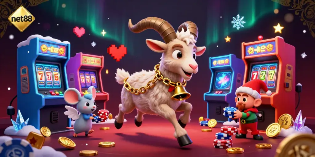 Engage in vibrant casino action at net88, where Krampus oversees a chaotic game with lively characters.