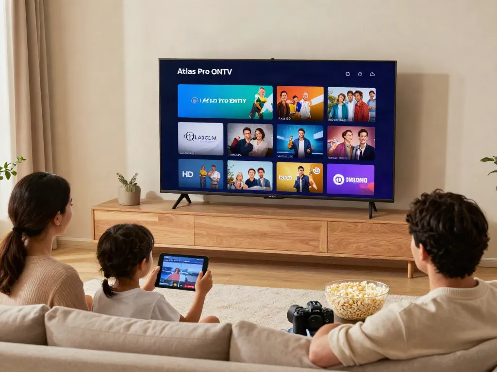 Famille profitant de l'application Atlas Pro ONTV sur un téléviseur, ambiance chaleureuse et conviviale.